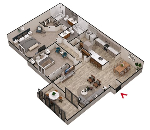 Floor plan for 2 beds, 2 baths, 1073 sqft